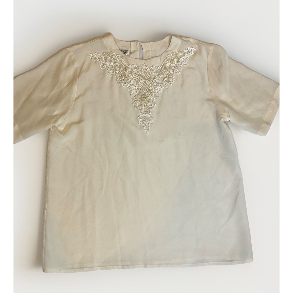 Christie & Jill Silk Blouse Pearls Lace Appliqué Size Small‎ Short Sleeve Fairy
